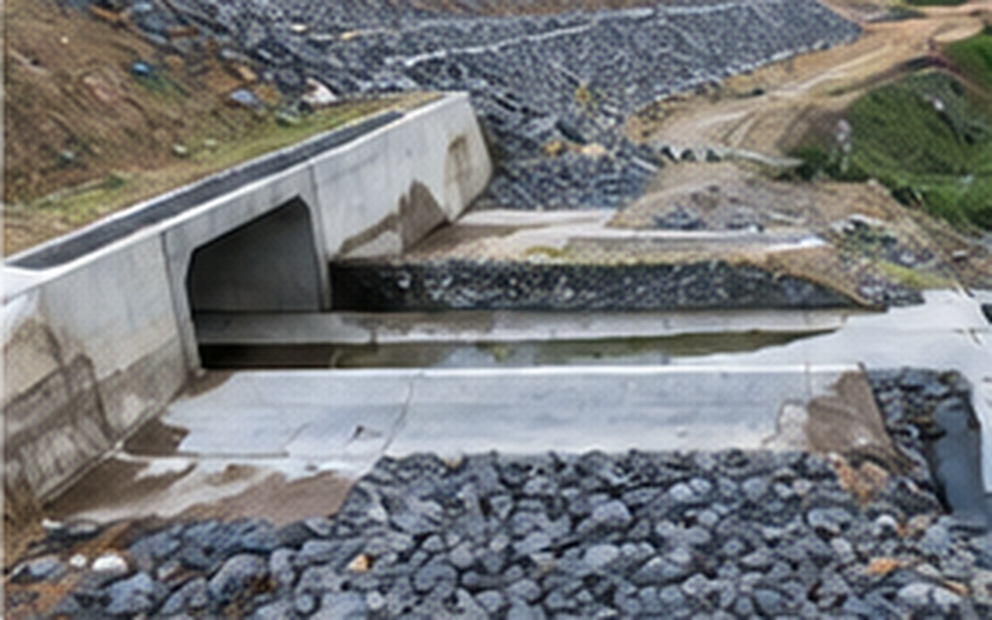 Estrutura de drenagem pluvial e dispositivo hidráulico em concreto com proteção contra erosão