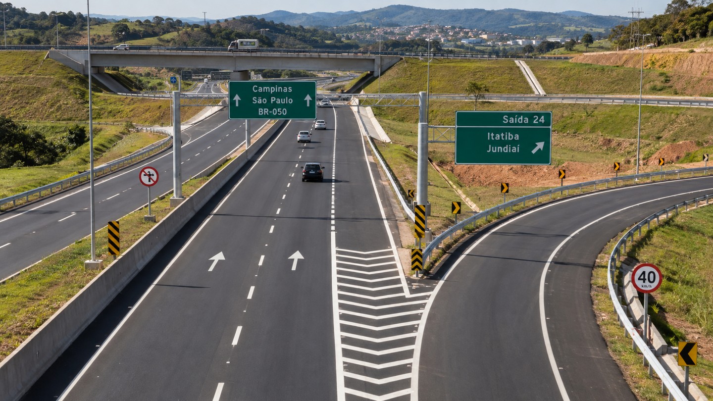 Sistema viário com sinalização horizontal e vertical, placas e marcas viárias